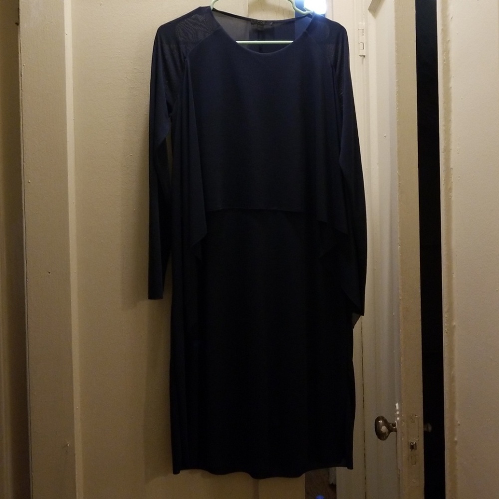 Cos Navy Dress, Sheer Sleeves and draping detail